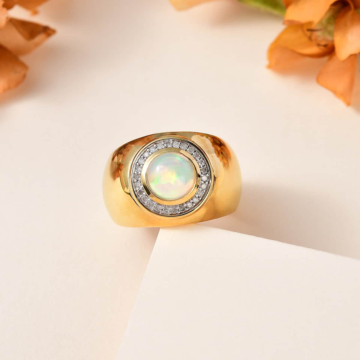 Ethiopian Welo Opal and Diamond Men's Ring in Vermeil Yellow Gold Over Sterling Silver (Size 12.0) 1.40 ctw image number 1