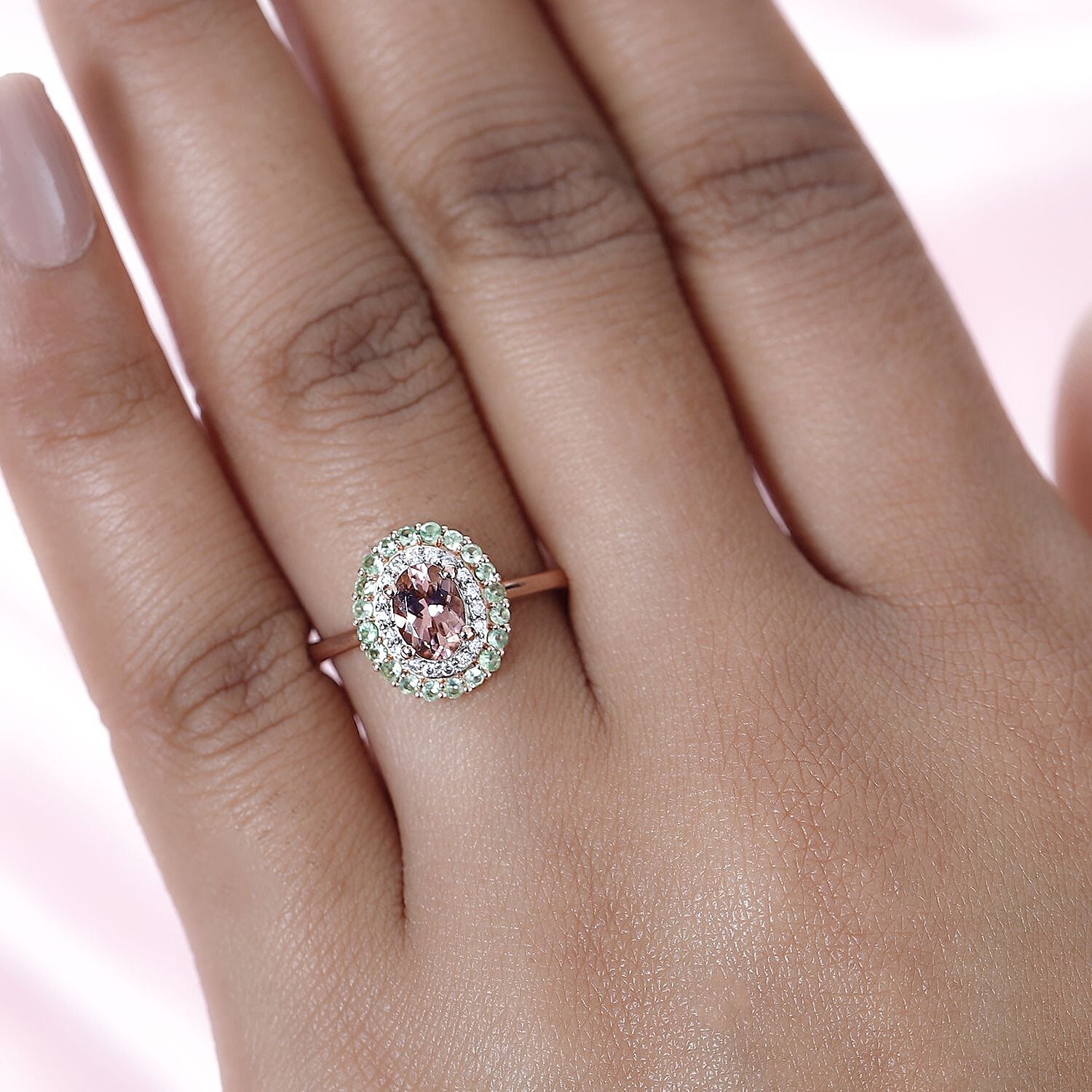 D'Joy Premium Blush Tourmaline and Multi Gemstone Double Halo Ring in Vermeil Rose Gold Over Sterling Silver (Size 10.0) 1.40 ctw