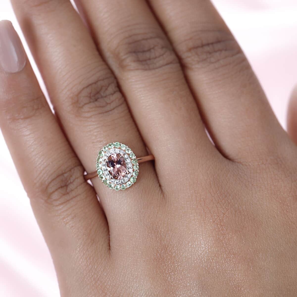 Premium Blush Tourmaline and Multi Gemstone Double Halo Ring in Vermeil Rose Gold Over Sterling Silver (Size 10.0) 1.40 ctw image number 2