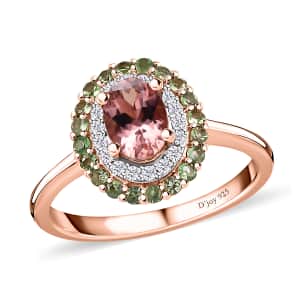 Premium Blush Tourmaline and Multi Gemstone Double Halo Ring in Vermeil Rose Gold Over Sterling Silver (Size 7.0) 1.40 ctw