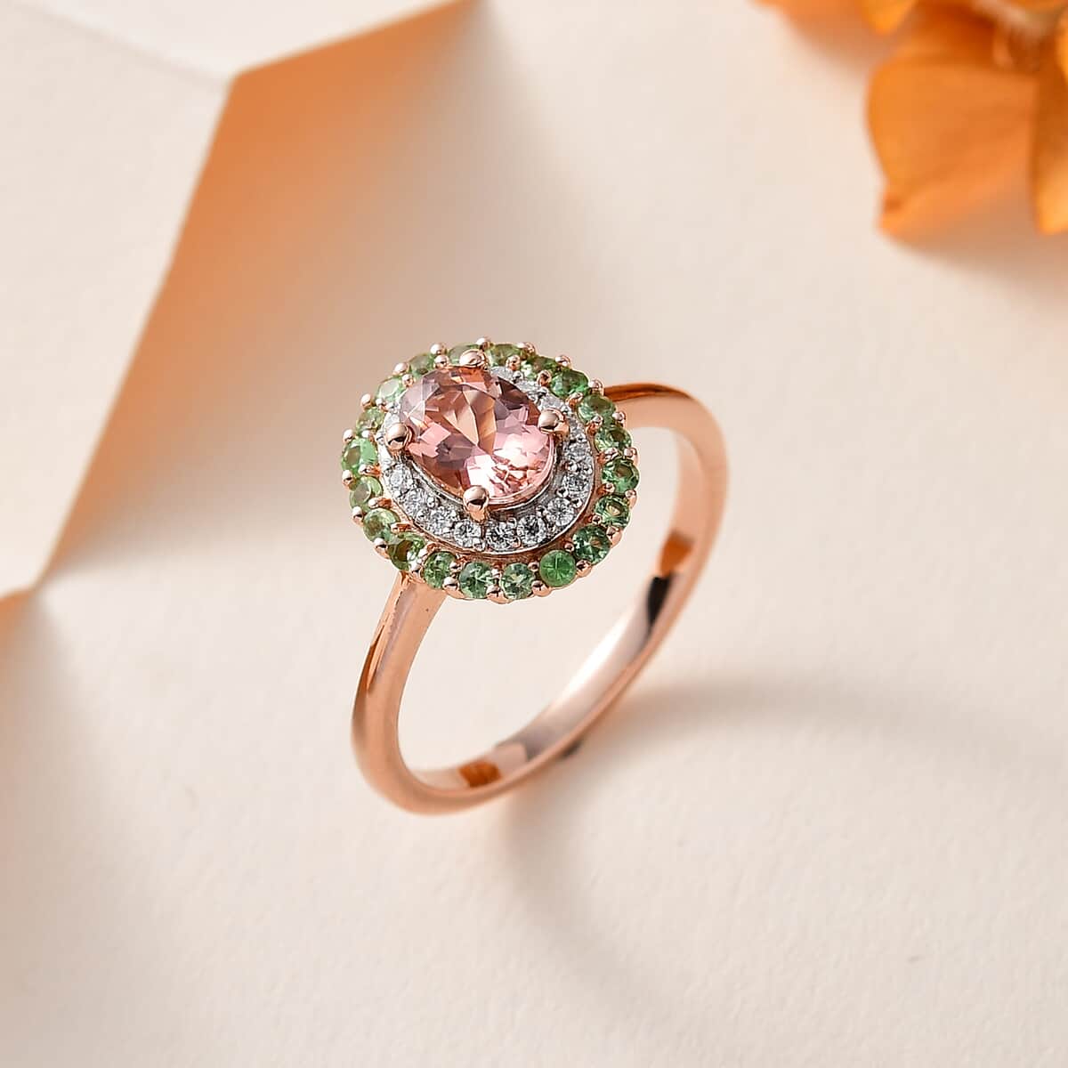 Premium Blush Tourmaline and Multi Gemstone Double Halo Ring in Vermeil Rose Gold Over Sterling Silver (Size 7.0) 1.40 ctw image number 1