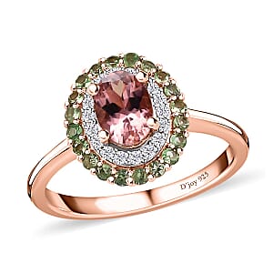 Premium Blush Tourmaline and Multi Gemstone Double Halo Ring in Vermeil Rose Gold Over Sterling Silver (Size 8.0) 1.40 ctw
