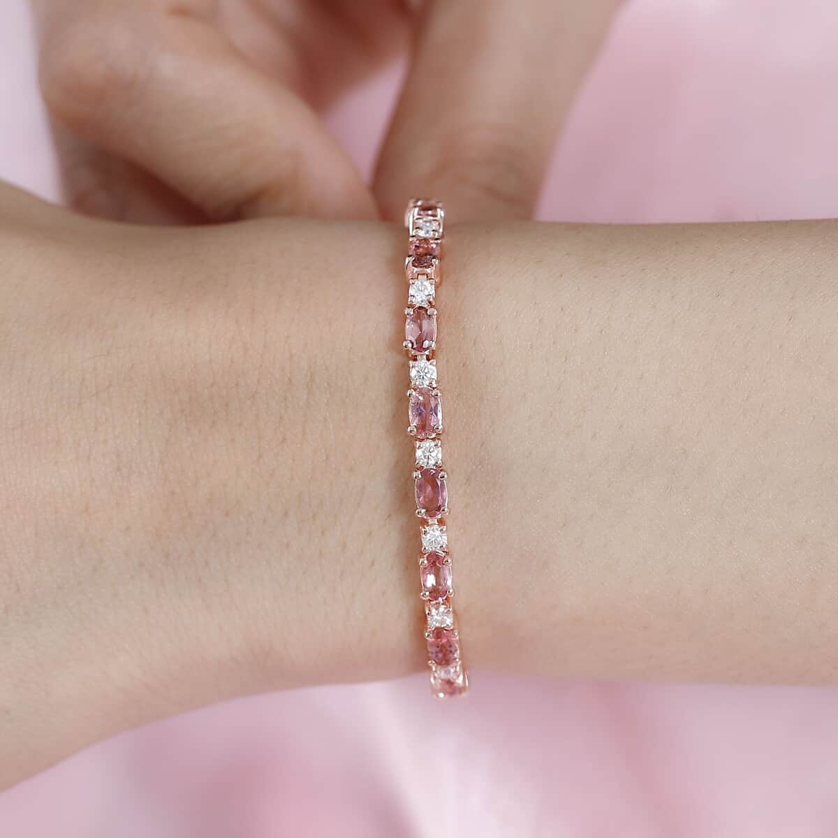 Premium Blush Tourmaline and Moissanite Bracelet in Vermeil Rose Gold Over Sterling Silver (6.50 In) 5.60 ctw image number 2