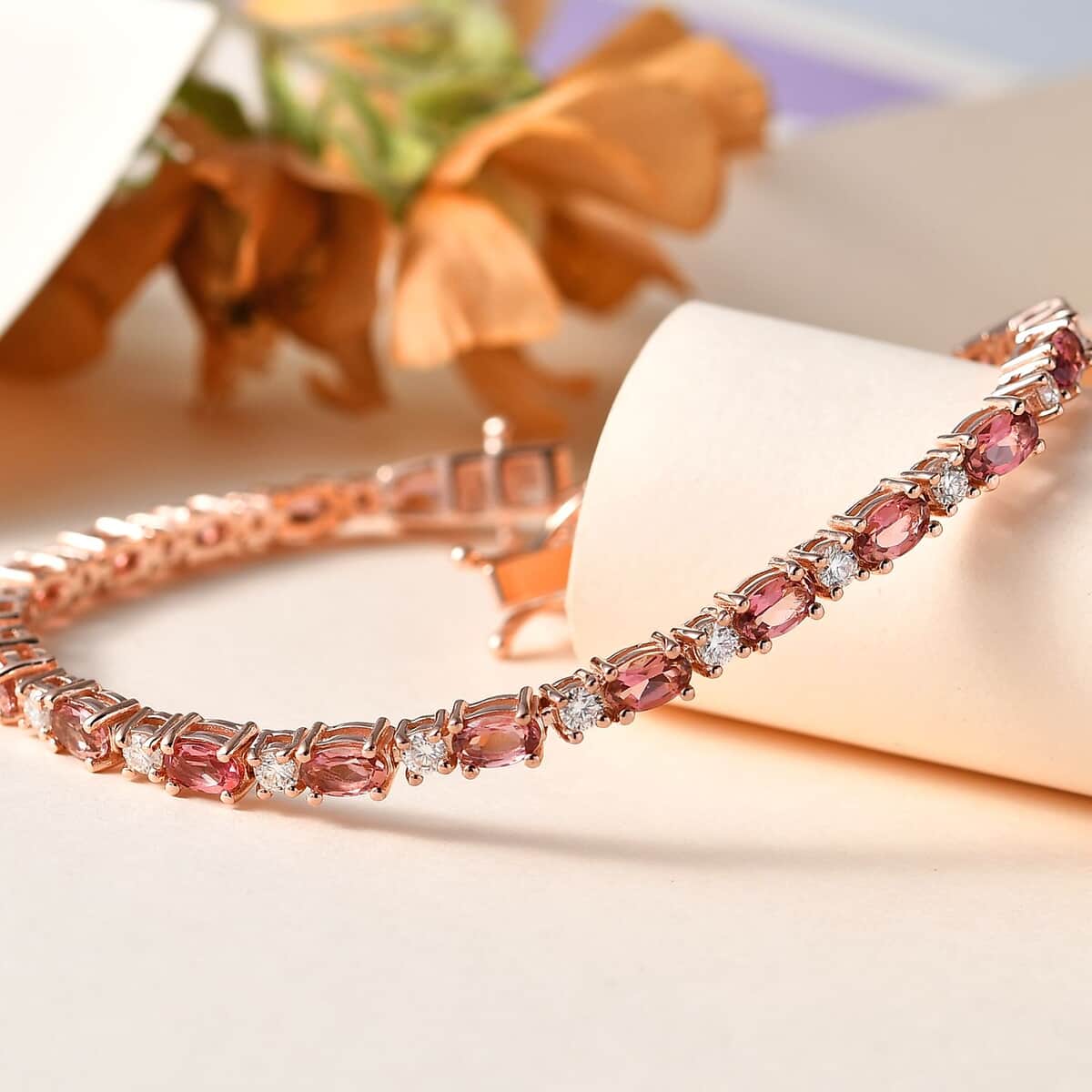 Blush Tourmaline and Moissanite Bracelet in Vermeil Rose Gold Over Sterling Silver (7.25 In) 6.15 ctw image number 1