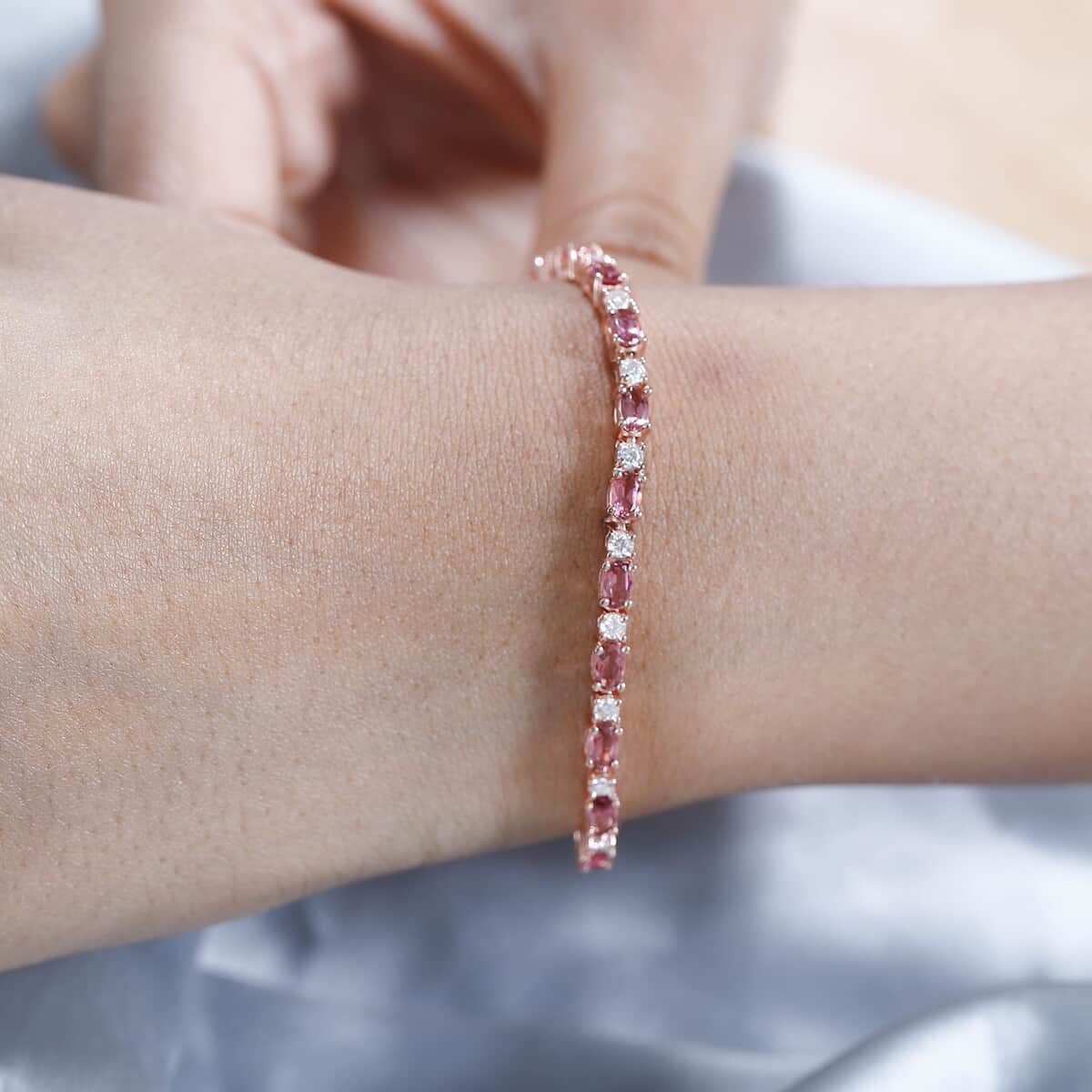 Blush Tourmaline and Moissanite Bracelet in Vermeil Rose Gold Over Sterling Silver (7.25 In) 6.15 ctw image number 2