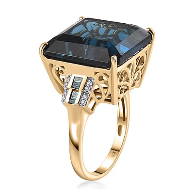 Luxoro 10K Yellow Gold Premium London Blue Topaz, Blue Diamond (IR), White Diamond (0.15 cts) (G-H, I2) Ring (Size 10.0) (5 g) 27.15 ctw