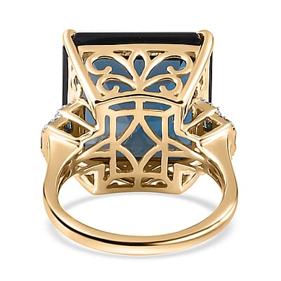 Luxoro 10K Yellow Gold Premium London Blue Topaz, Blue Diamond (IR), White Diamond (0.15 cts) (G-H, I2) Ring (Size 10.0) (5 g) 27.15 ctw