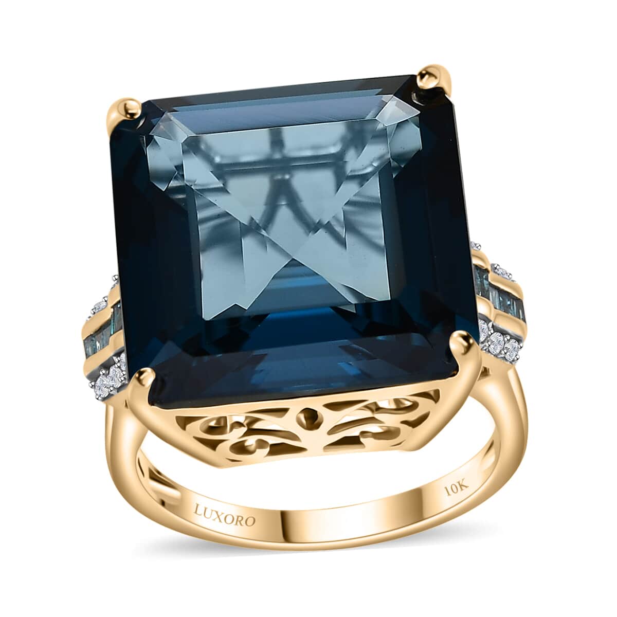 Luxoro 10K Yellow Gold Premium Asscher Cut London Blue Topaz, G-H I2 Blue and White Diamond Ring (Size 6.0) 5 Grams 27.15 ctw image number 0