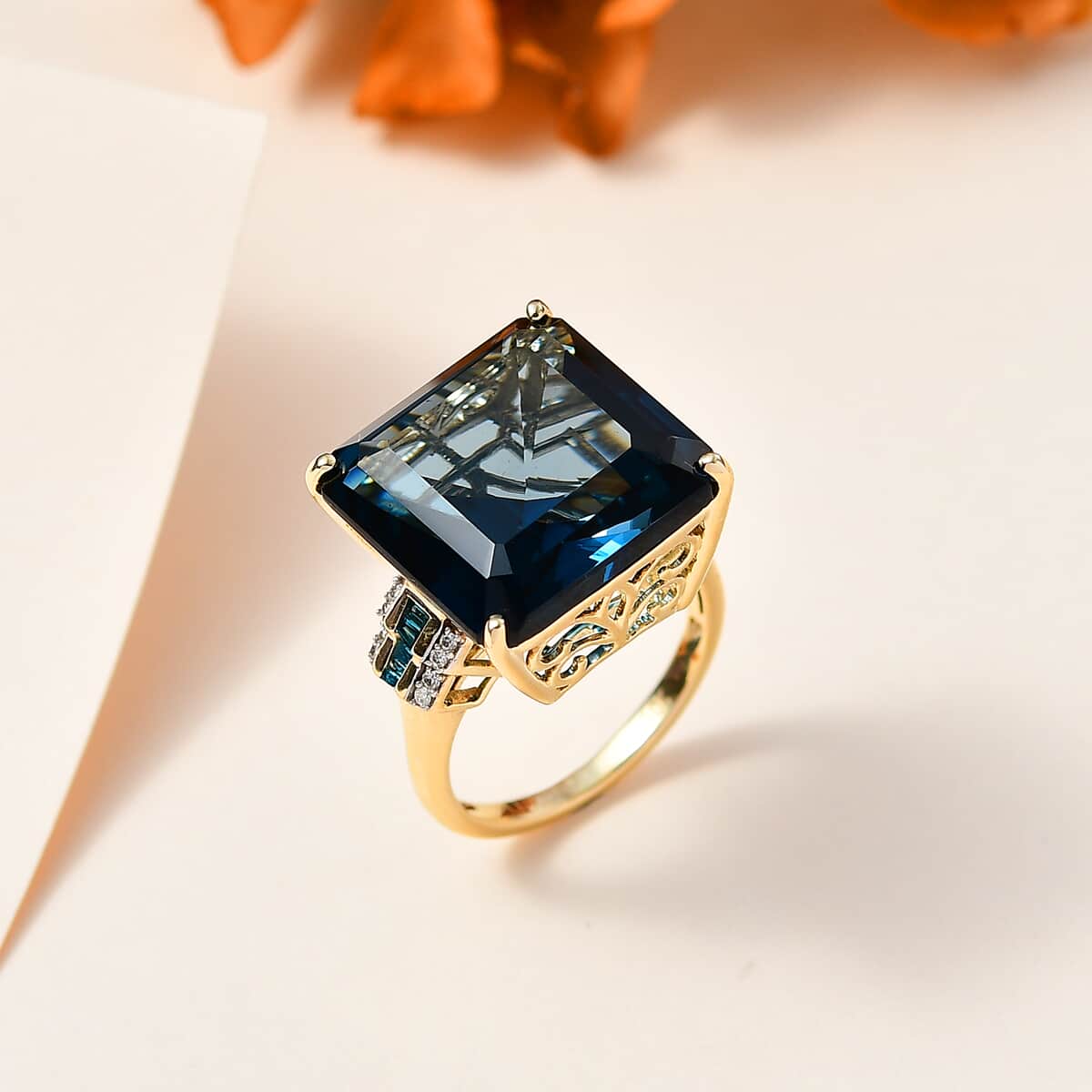 Luxoro 10K Yellow Gold Premium Asscher Cut London Blue Topaz, G-H I2 Blue and White Diamond Ring (Size 6.0) 5 Grams 27.15 ctw image number 1