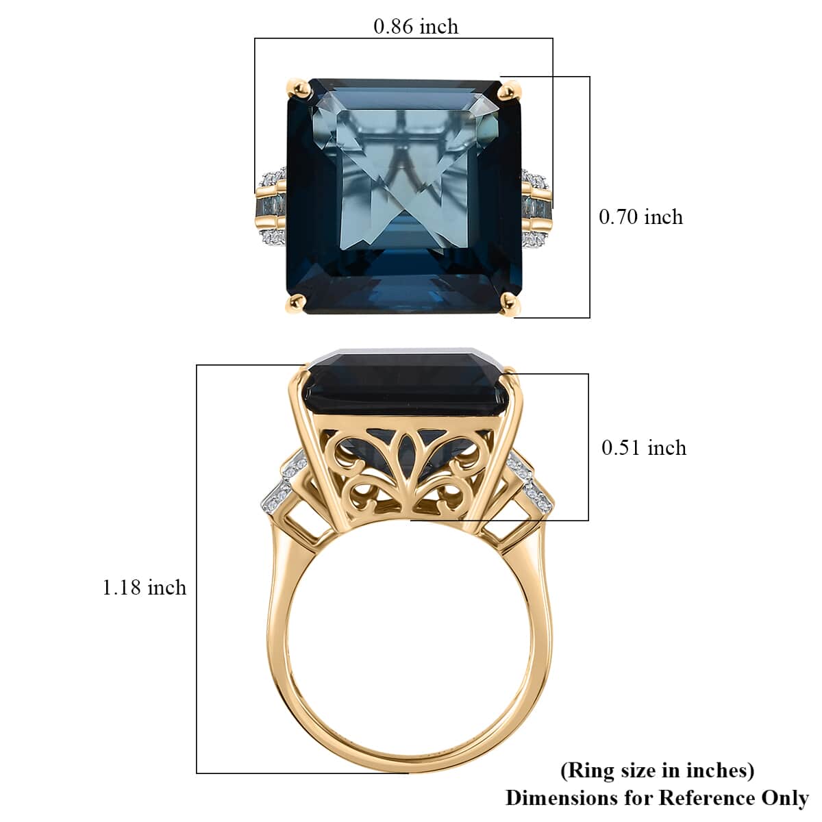 Luxoro 10K Yellow Gold Premium Asscher Cut London Blue Topaz, G-H I2 Blue and White Diamond Ring (Size 6.0) 5 Grams 27.15 ctw image number 5