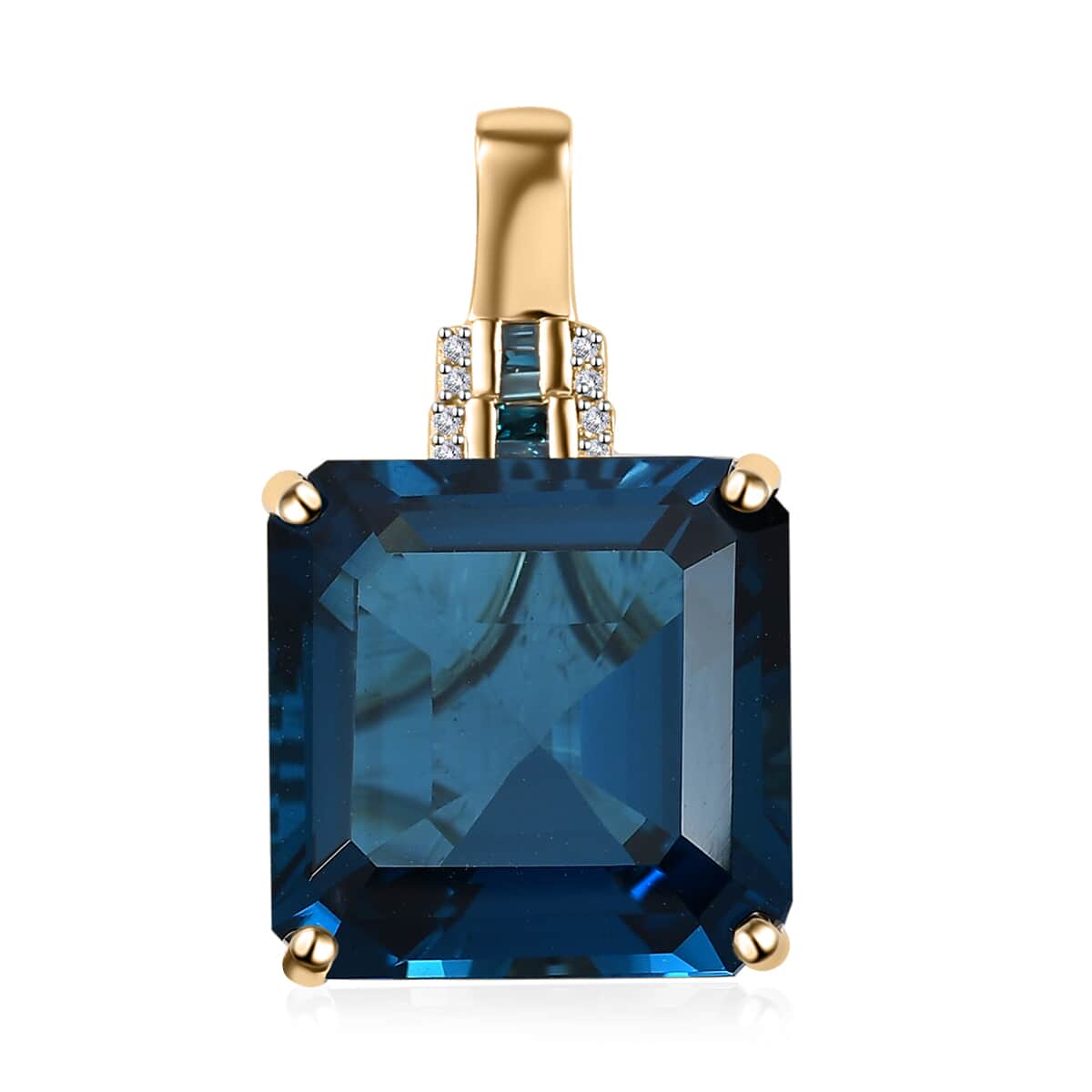 Luxoro 10K Yellow Gold Premium Asscher Cut London Blue Topaz, G-H I2 Blue and White Diamond Pendant 26.60 ctw image number 0