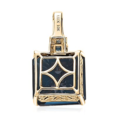 Luxoro 10K Yellow Gold Premium Asscher Cut London Blue Topaz, G-H I2 Blue and White Diamond Pendant 26.60 ctw