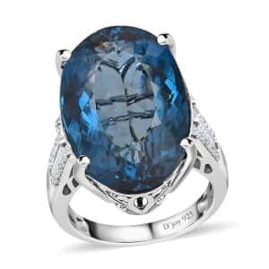 London Blue Topaz and White Diamond Ring in Platinum Over Sterling Silver (Size 6.0) 25.50 ctw
