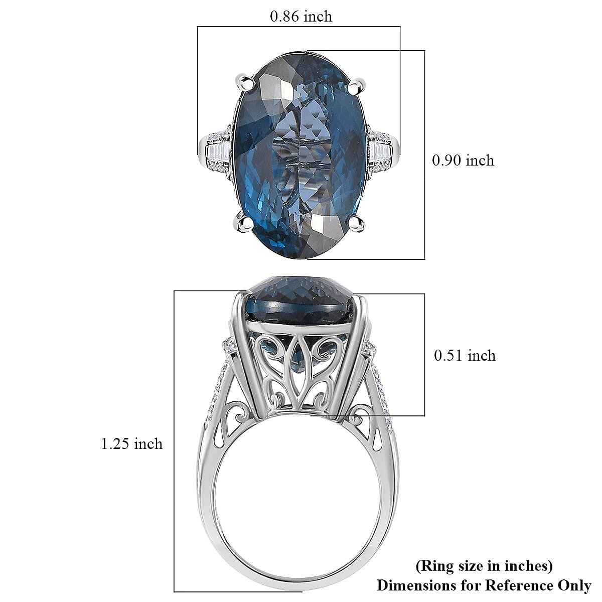 London Blue Topaz and White Diamond Ring in Platinum Over Sterling Silver (Size 8.0) 25.50 ctw image number 5