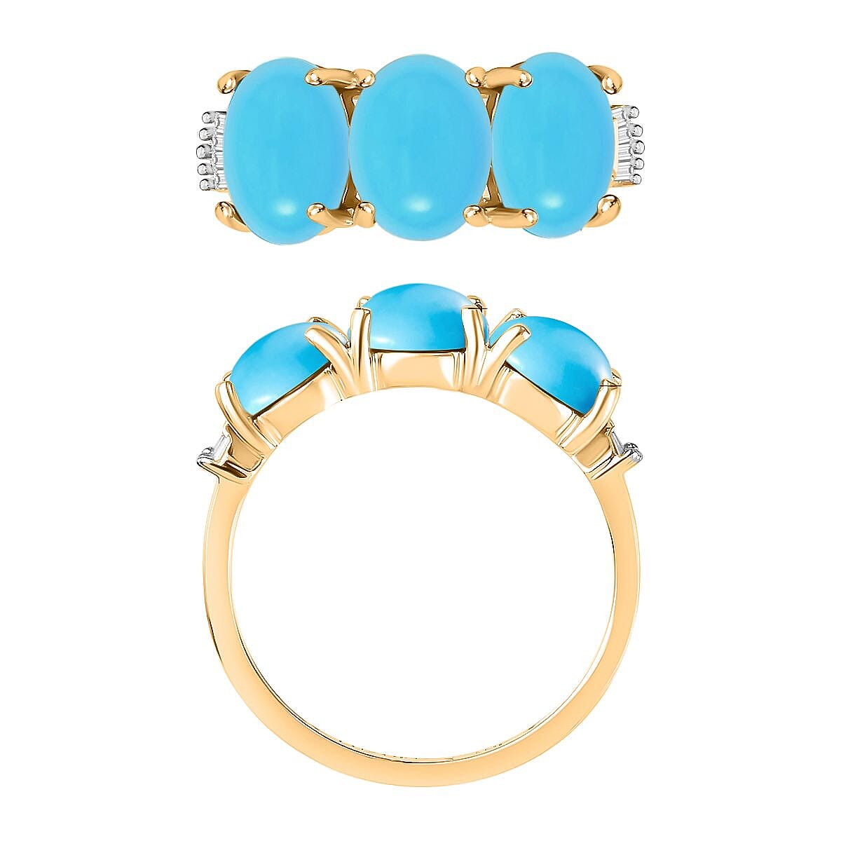 Premium Sleeping Beauty Turquoise and G-H I2 Diamond 5.47 ctw 3 Stone Ring in 14K Rose Gold  (Size 9.0) (Del. in 10-12 Days) image number 3