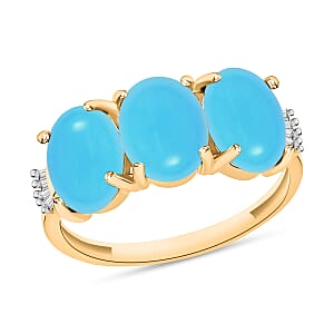 Premium Sleeping Beauty Turquoise and G-H I2 Diamond 5.47 ctw 3 Stone Ring in 14K Yellow Gold (Size 10.5) (Del. in 10-12 Days)