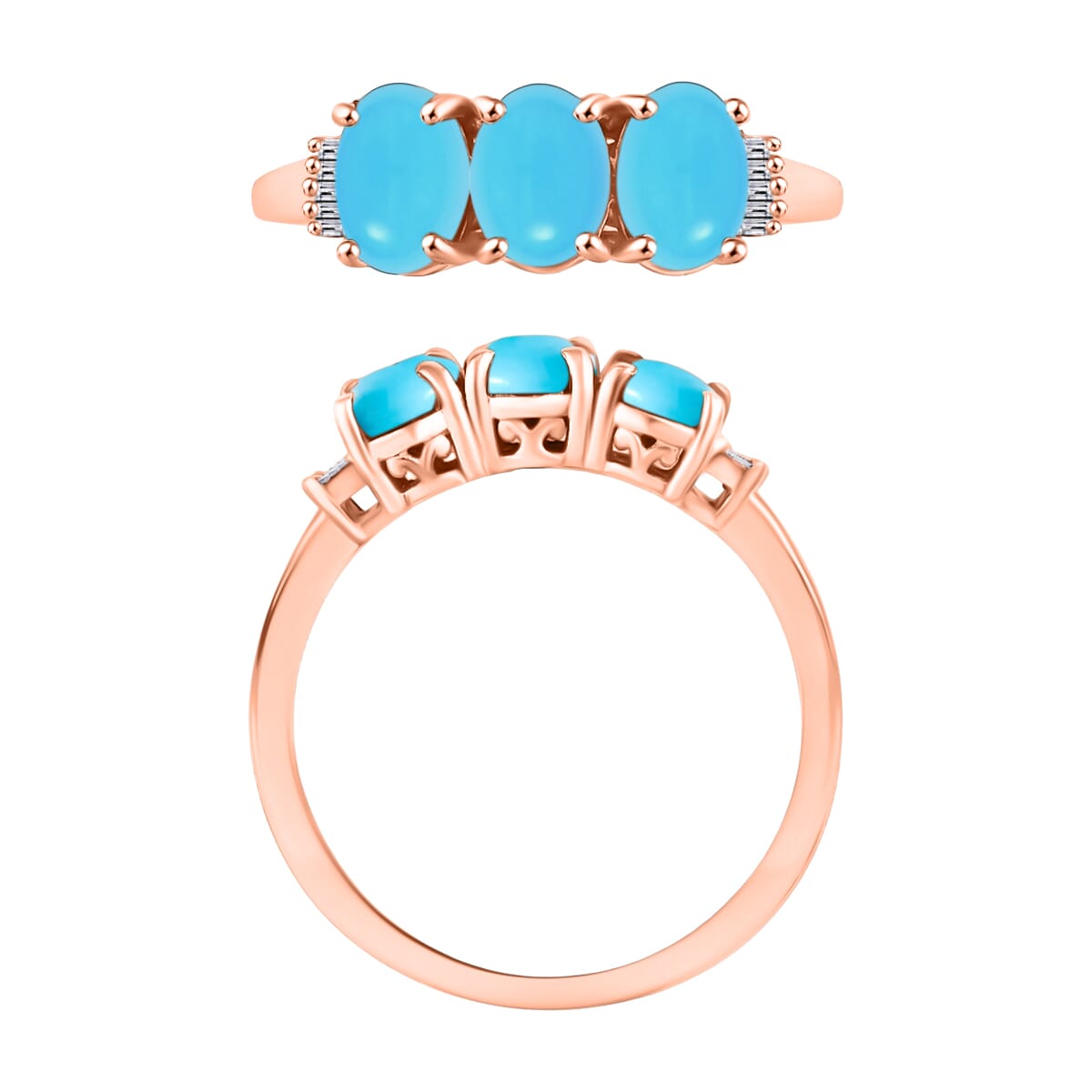 Premium Sleeping Beauty Turquoise and G-H I2 Diamond 5.47 ctw 3 Stone Ring in 14K Rose Gold (Size 4.0) image number 3