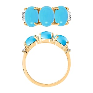Premium Sleeping Beauty Turquoise and G-H I2 Diamond 5.47 ctw 3 Stone Ring in 14K Yellow Gold (Size 6.5) (Del. in 10-12 Days)