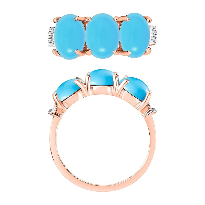Premium Sleeping Beauty Turquoise and G-H I2 Diamond 5.47 ctw 3 Stone Ring in 14K Yellow Gold (Size 9.0)