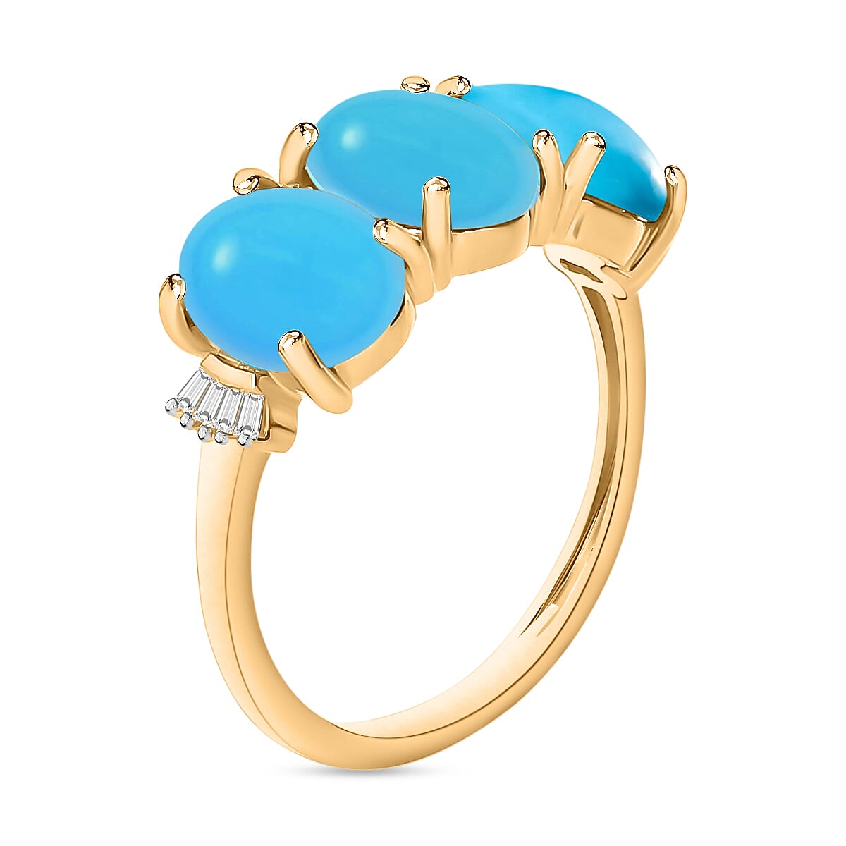 Premium Sleeping Beauty Turquoise and G-H I2 Diamond 5.47 ctw 3 Stone Ring in 14K Yellow Gold (Size 9.5) (Del. in 10-12 Days) image number 2