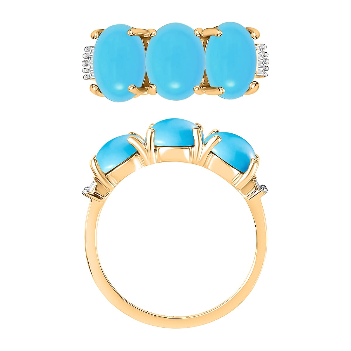 Premium Sleeping Beauty Turquoise and G-H I2 Diamond 5.47 ctw 3 Stone Ring in 14K Yellow Gold (Size 9.5) (Del. in 10-12 Days) image number 3