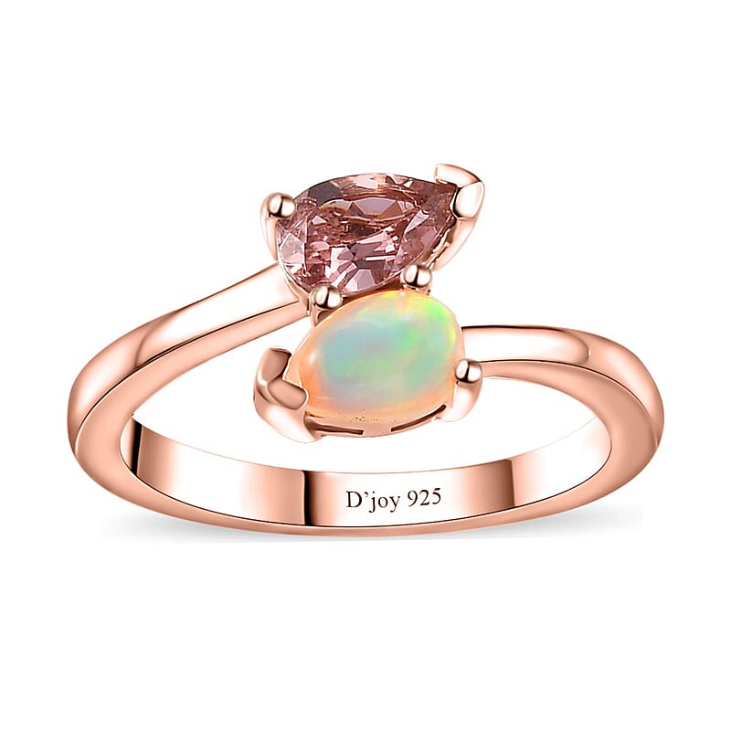 Blush Tourmaline and Ethiopian Welo Opal Bypass Ring in Vermeil Rose Gold Over Sterling Silver (Size 10.0) 0.65 ctw