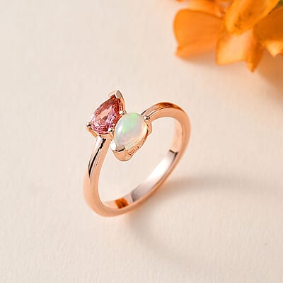 Blush Tourmaline and Ethiopian Welo Opal Bypass Ring in Vermeil Rose Gold Over Sterling Silver (Size 10.0) 0.65 ctw