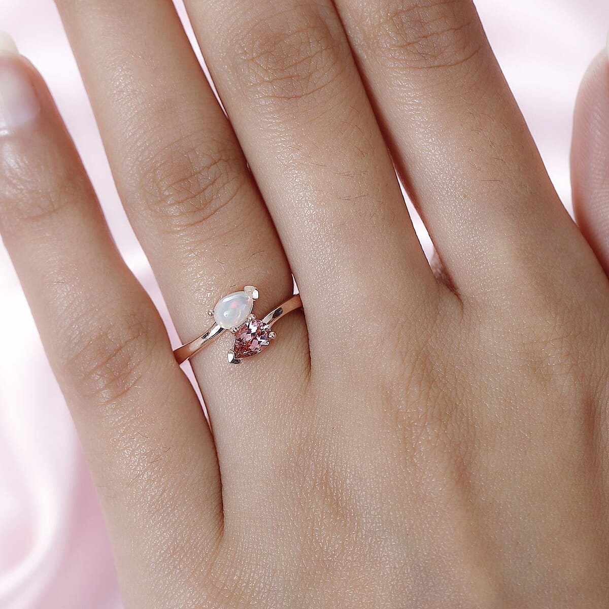 Blush Tourmaline, Ethiopian Welo Opal Ring in Vermeil RG Over Sterling Silver (Size 7.0) 0.65 ctw image number 2