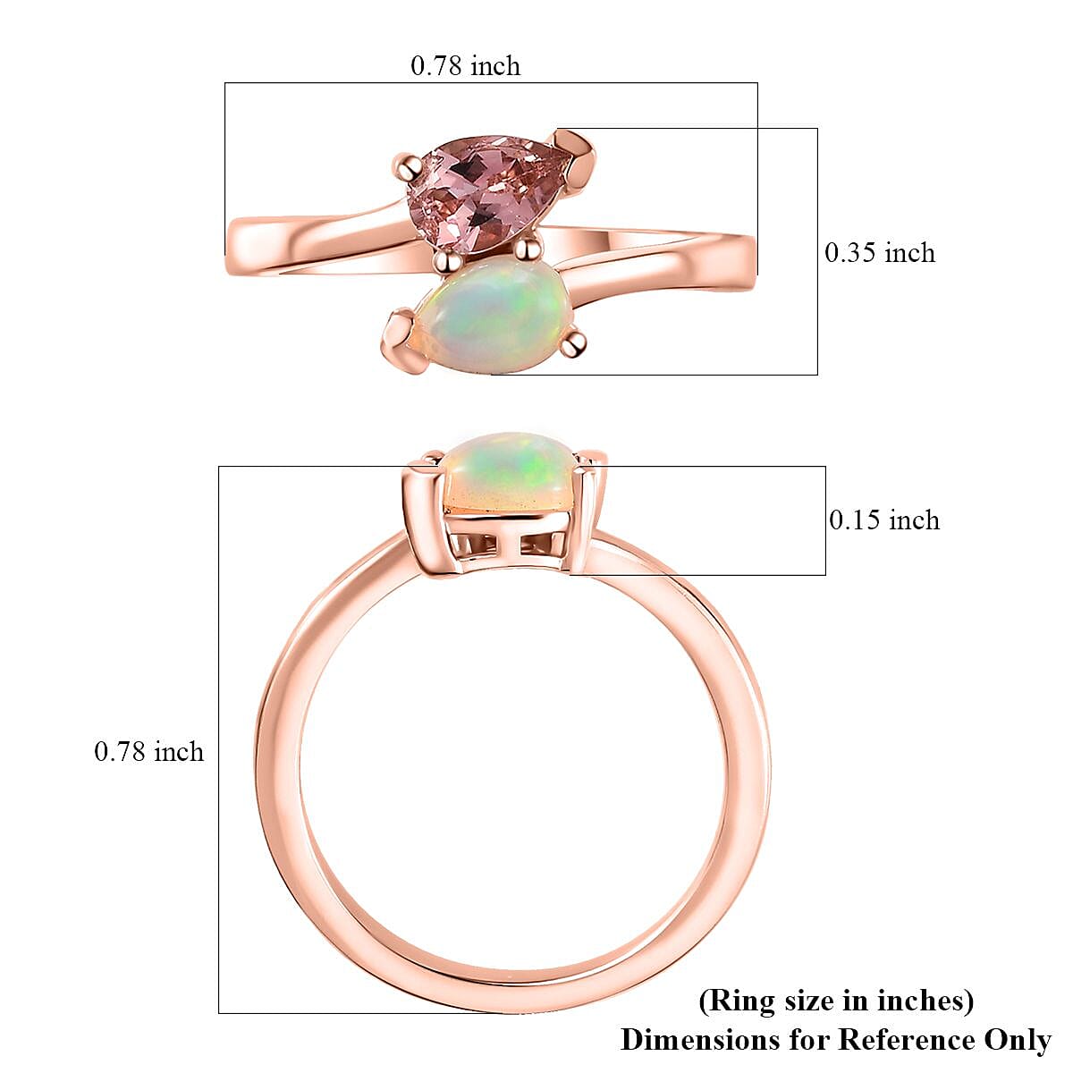 Blush Tourmaline and Ethiopian Welo Opal Bypass Ring in Vermeil Rose Gold Over Sterling Silver (Size 10.0) 0.65 ctw