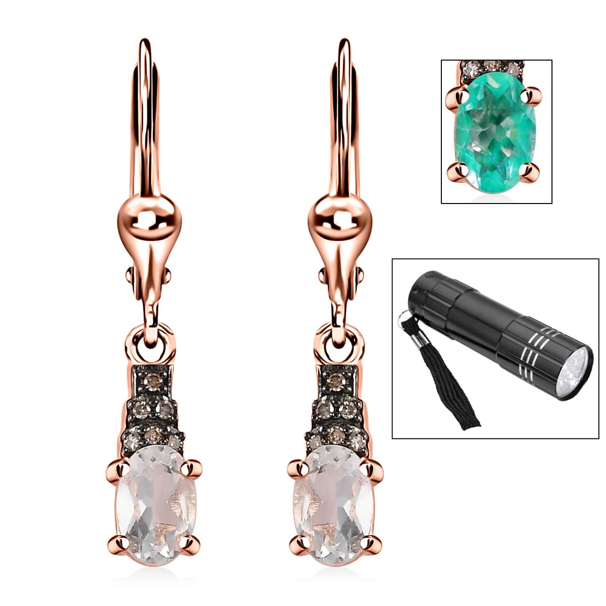 Mexican Hyalite Opal and Natural Champagne Diamond Lever Back Earrings in Vermeil Rose Gold Over Sterling Silver with Free UV Flash Light 0.70 ctw image number 0