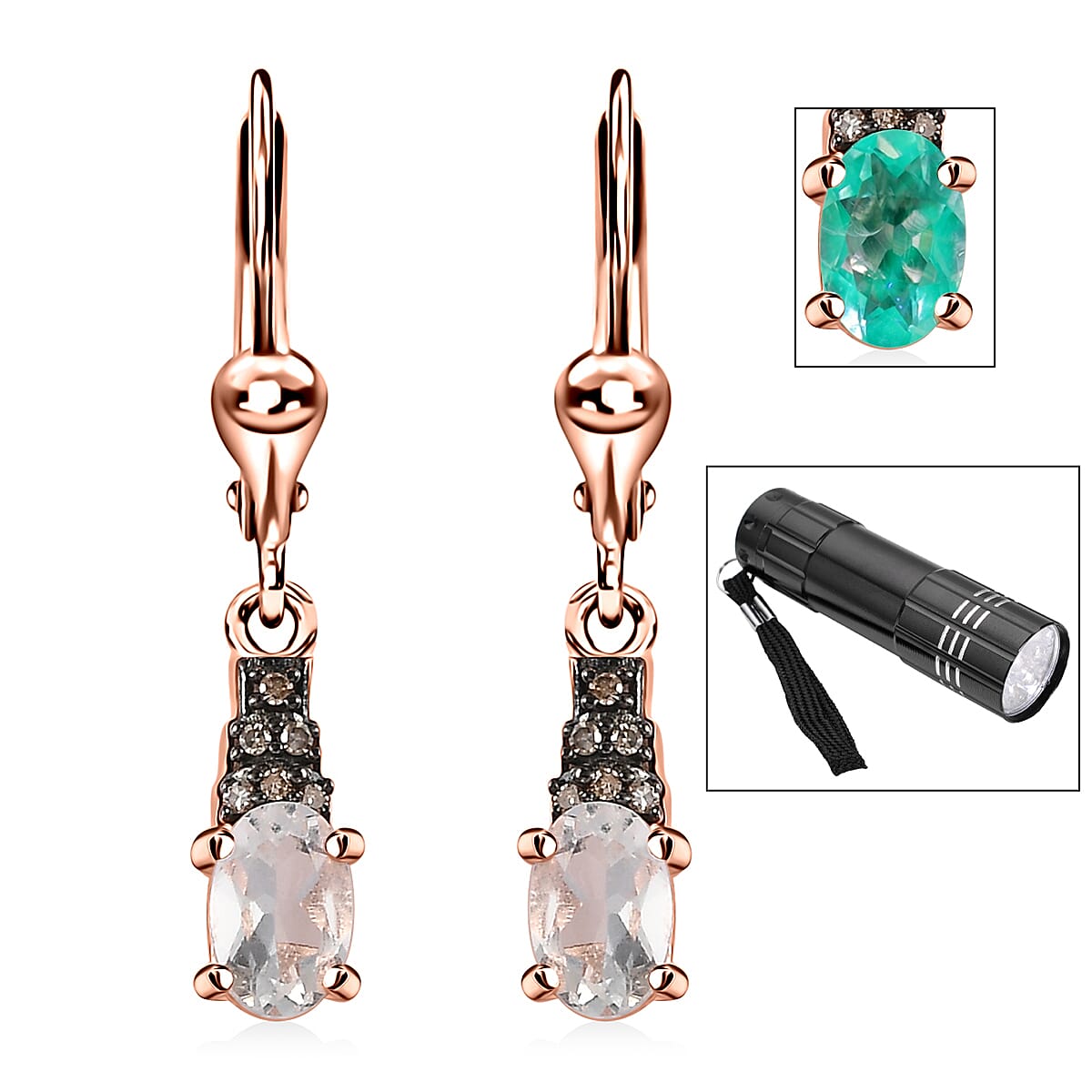 Mexican Hyalite Opal and Natural Champagne Diamond Lever Back Earrings in Vermeil Rose Gold Over Sterling Silver with Free UV Flash Light 0.70 ctw image number 0