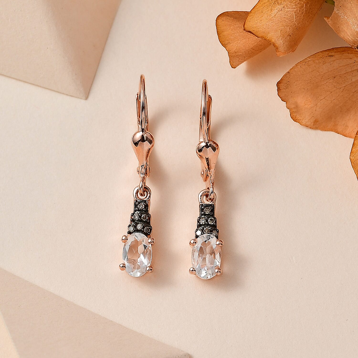 Mexican Hyalite Opal and Natural Champagne Diamond Lever Back Earrings in Vermeil Rose Gold Over Sterling Silver with Free UV Flash Light 0.70 ctw