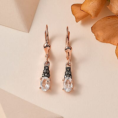 Mexican Hyalite Opal and Natural Champagne Diamond Lever Back Earrings in Vermeil Rose Gold Over Sterling Silver with Free UV Flash Light 0.70 ctw