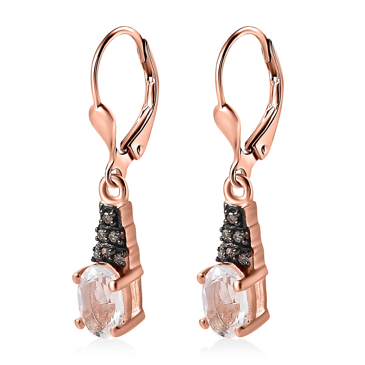 Mexican Hyalite Opal and Natural Champagne Diamond Lever Back Earrings in Vermeil Rose Gold Over Sterling Silver with Free UV Flash Light 0.70 ctw