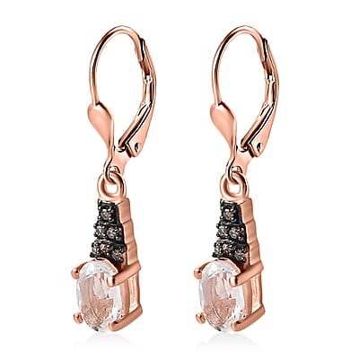 Mexican Hyalite Opal and Natural Champagne Diamond Lever Back Earrings in Vermeil Rose Gold Over Sterling Silver with Free UV Flash Light 0.70 ctw