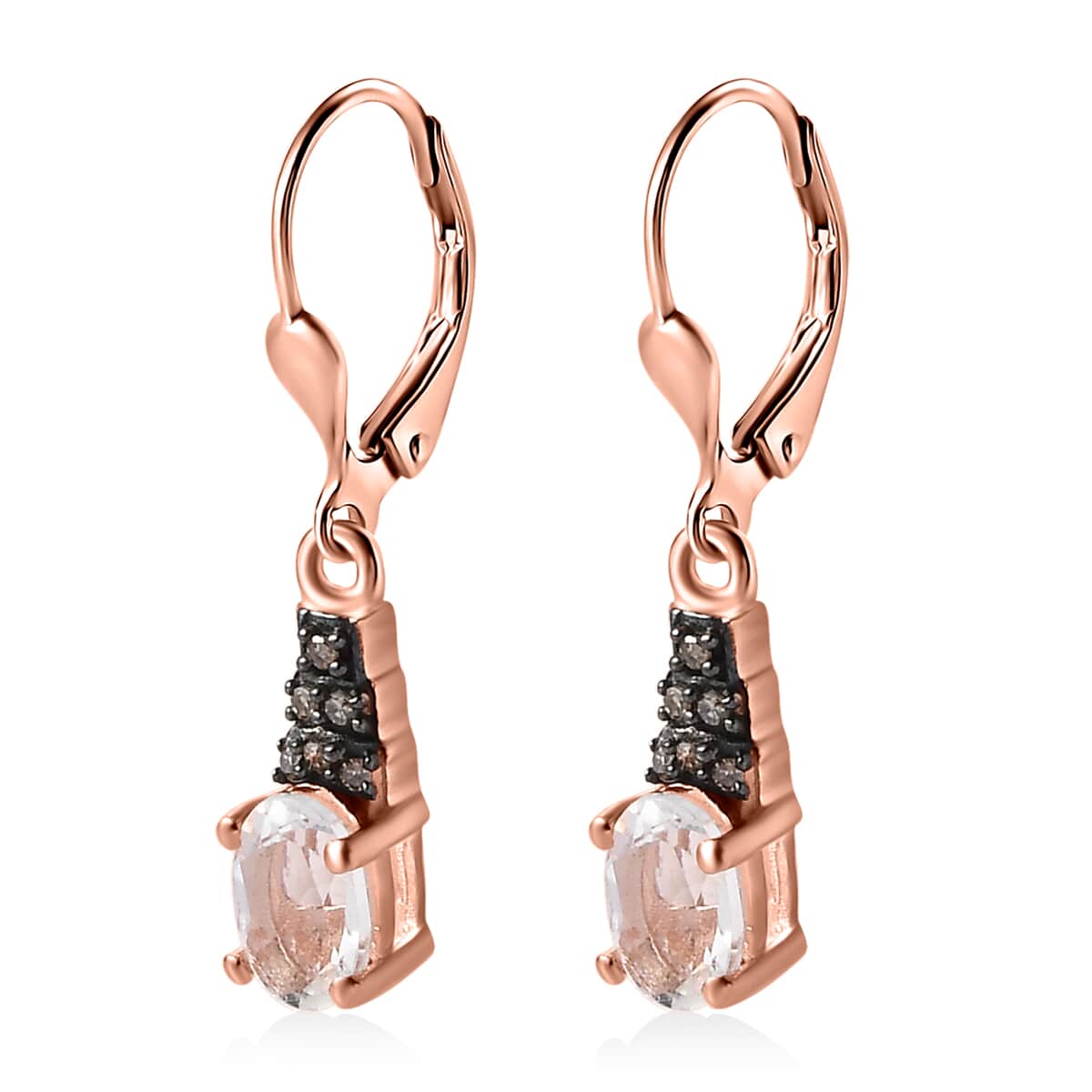 Mexican Hyalite Opal and Natural Champagne Diamond Lever Back Earrings in Vermeil Rose Gold Over Sterling Silver with Free UV Flash Light 0.70 ctw image number 3