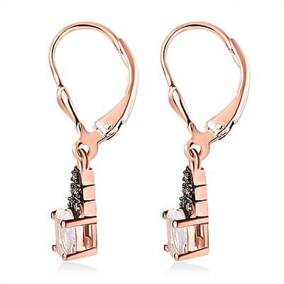 Mexican Hyalite Opal and Natural Champagne Diamond Lever Back Earrings in Vermeil Rose Gold Over Sterling Silver with Free UV Flash Light 0.70 ctw