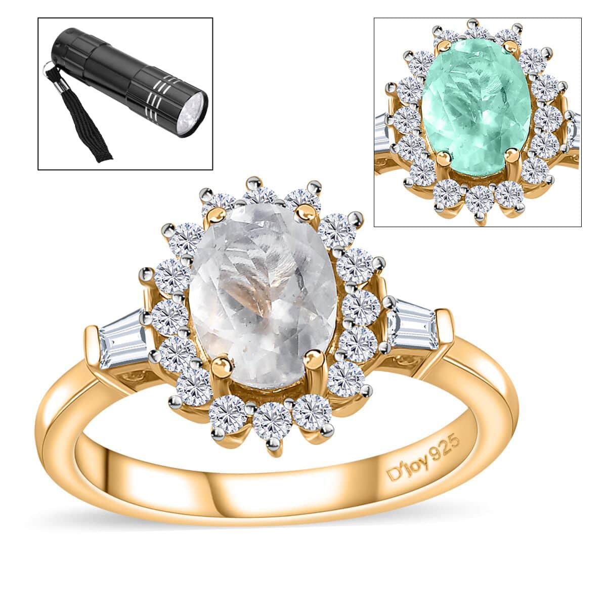 Mexican Hyalite Opal and White Zircon Sunburst Ring in Vermeil Yellow Gold Over Sterling Silver (Size 10.0) with Free UV Flash Light 1.50 ctw image number 0