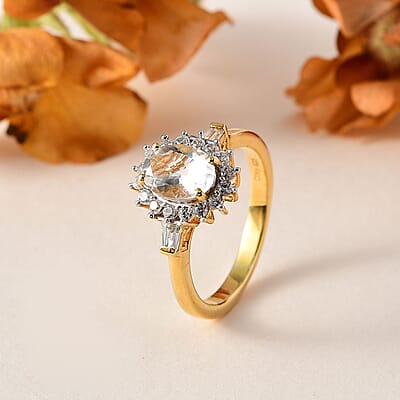 Mexican Hyalite Opal and White Zircon Sunburst Ring in Vermeil Yellow Gold Over Sterling Silver (Size 10.0) with Free UV Flash Light 1.50 ctw