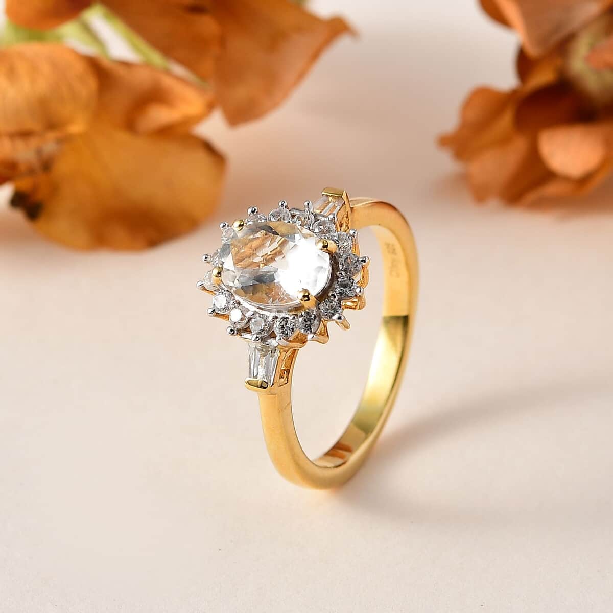 Mexican Hyalite Opal and White Zircon Sunburst Ring in Vermeil Yellow Gold Over Sterling Silver (Size 10.0) with Free UV Flash Light 1.50 ctw image number 1
