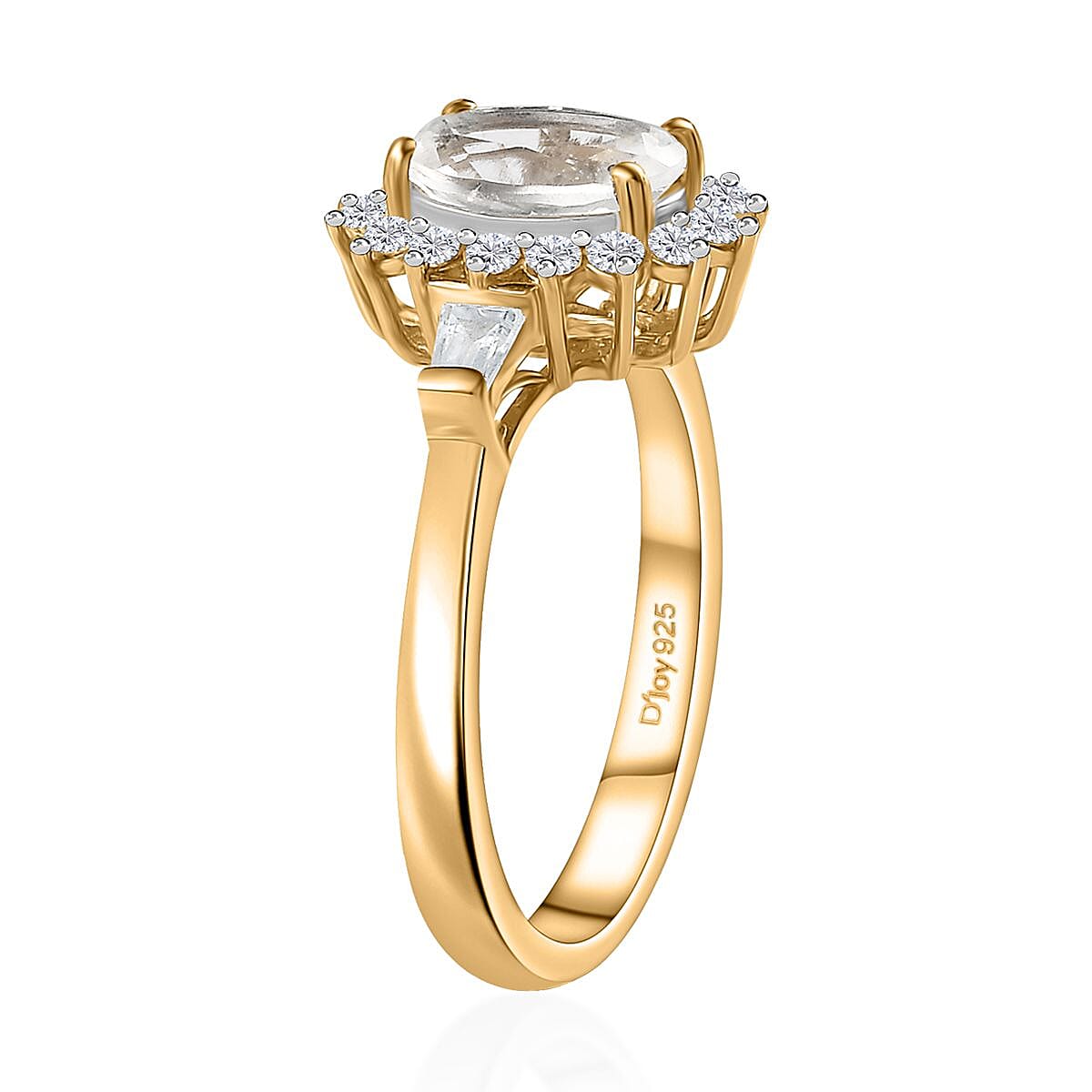 Mexican Hyalite Opal and White Zircon Sunburst Ring in Vermeil Yellow Gold Over Sterling Silver (Size 10.0) with Free UV Flash Light 1.50 ctw