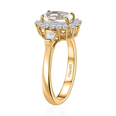 Mexican Hyalite Opal and White Zircon Sunburst Ring in Vermeil Yellow Gold Over Sterling Silver (Size 10.0) with Free UV Flash Light 1.50 ctw