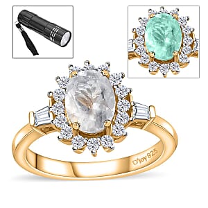 Mexican Hyalite Opal and White Zircon Sunburst Ring in Vermeil Yellow Gold Over Sterling Silver (Size 8.0) with Free UV Flash Light 1.50 ctw