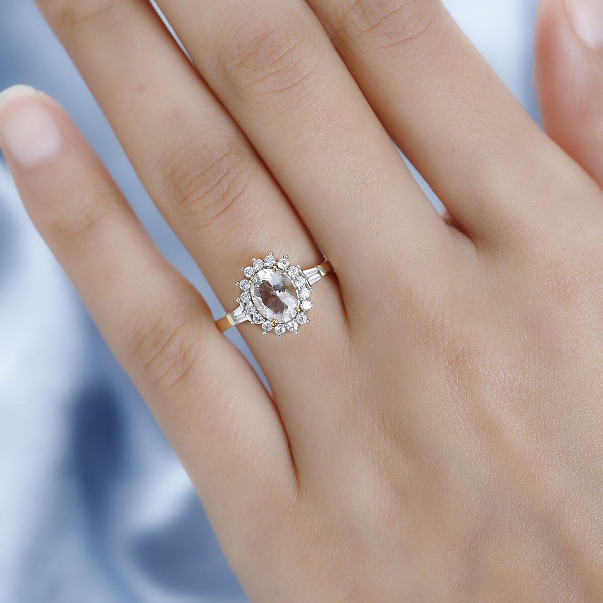 Mexican Hyalite Opal and White Zircon Sunburst Ring in Vermeil Yellow Gold Over Sterling Silver (Size 8.0) with Free UV Flash Light 1.50 ctw image number 2