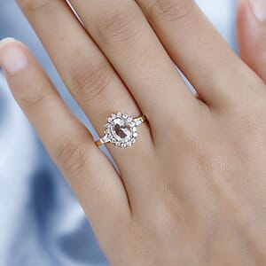 Mexican Hyalite Opal and White Zircon Sunburst Ring in Vermeil Yellow Gold Over Sterling Silver (Size 8.0) with Free UV Flash Light 1.50 ctw