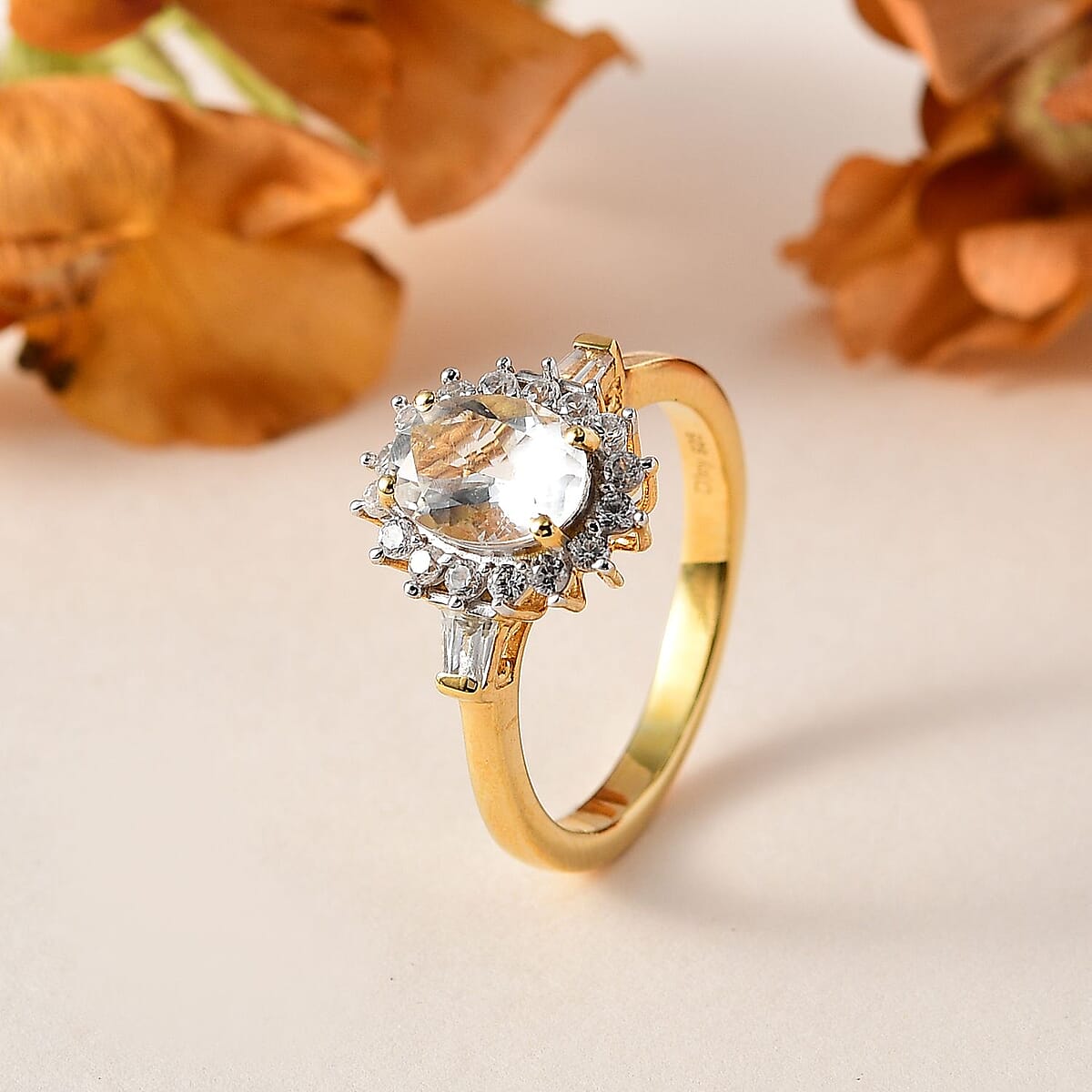 Mexican Hyalite Opal and White Zircon Sunburst Ring in Vermeil Yellow Gold Over Sterling Silver (Size 9.0) with Free UV Flash Light 1.50 ctw image number 1