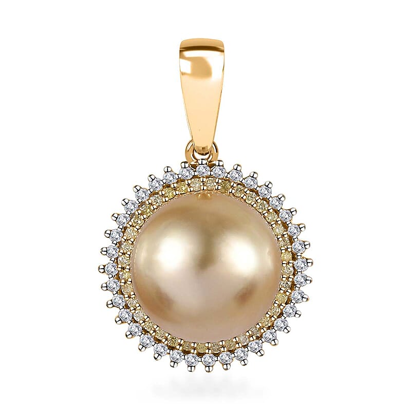 Luxoro 14K Yellow Gold South Sea Golden Pearl, I2 Natural Yellow and White Diamond Sunburst Pendant without Chain 0.25 ctw