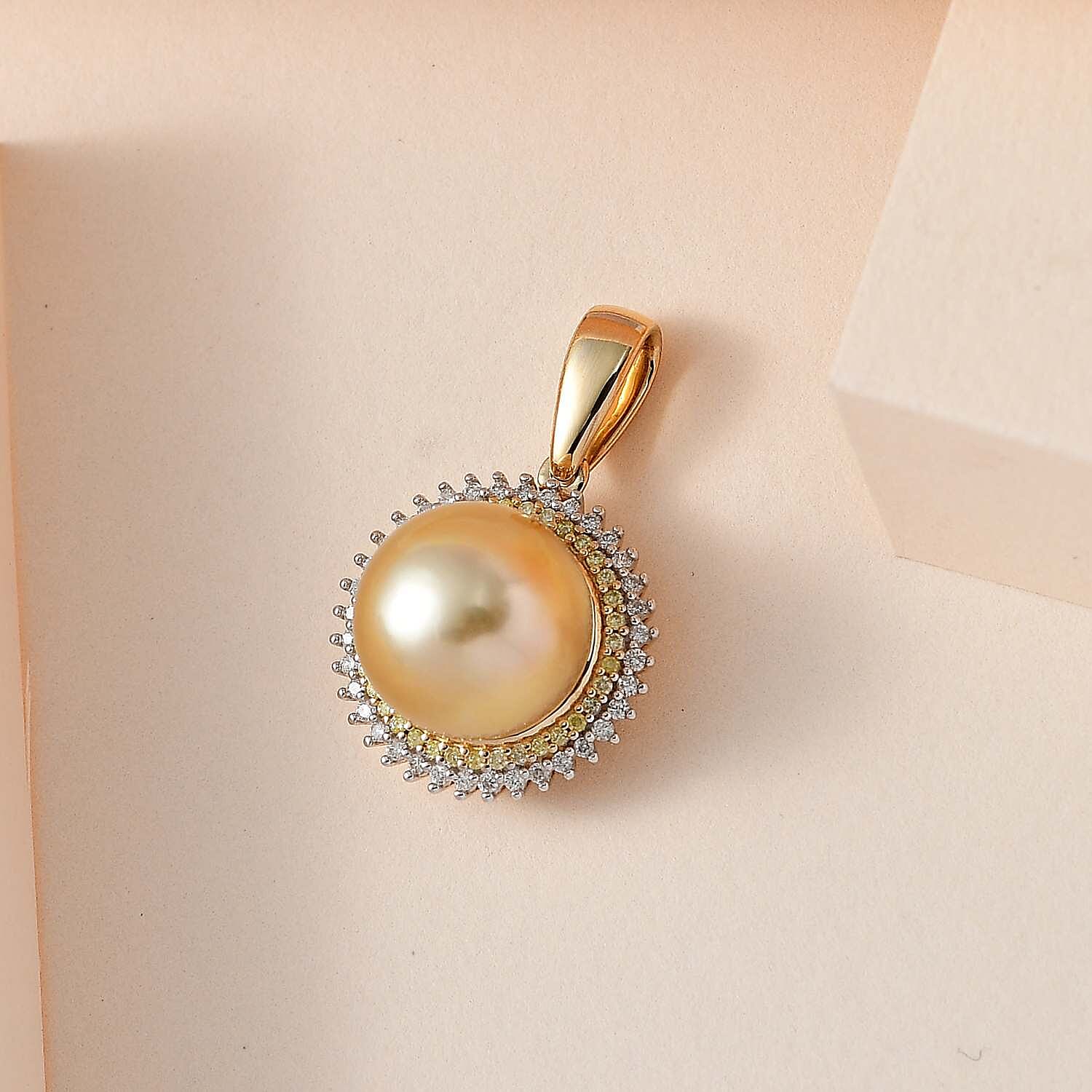 Luxoro 14K Yellow Gold South Sea Golden Pearl, I2 Natural Yellow and White Diamond Sunburst Pendant without Chain 0.25 ctw