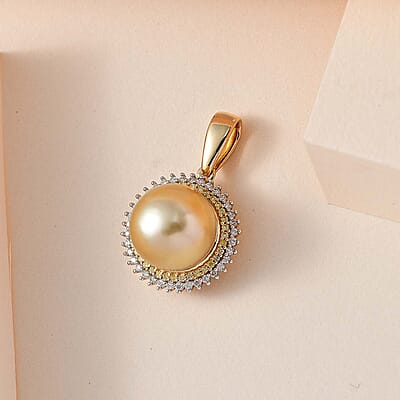 Luxoro 14K Yellow Gold South Sea Golden Pearl, I2 Natural Yellow and White Diamond Sunburst Pendant without Chain 0.25 ctw