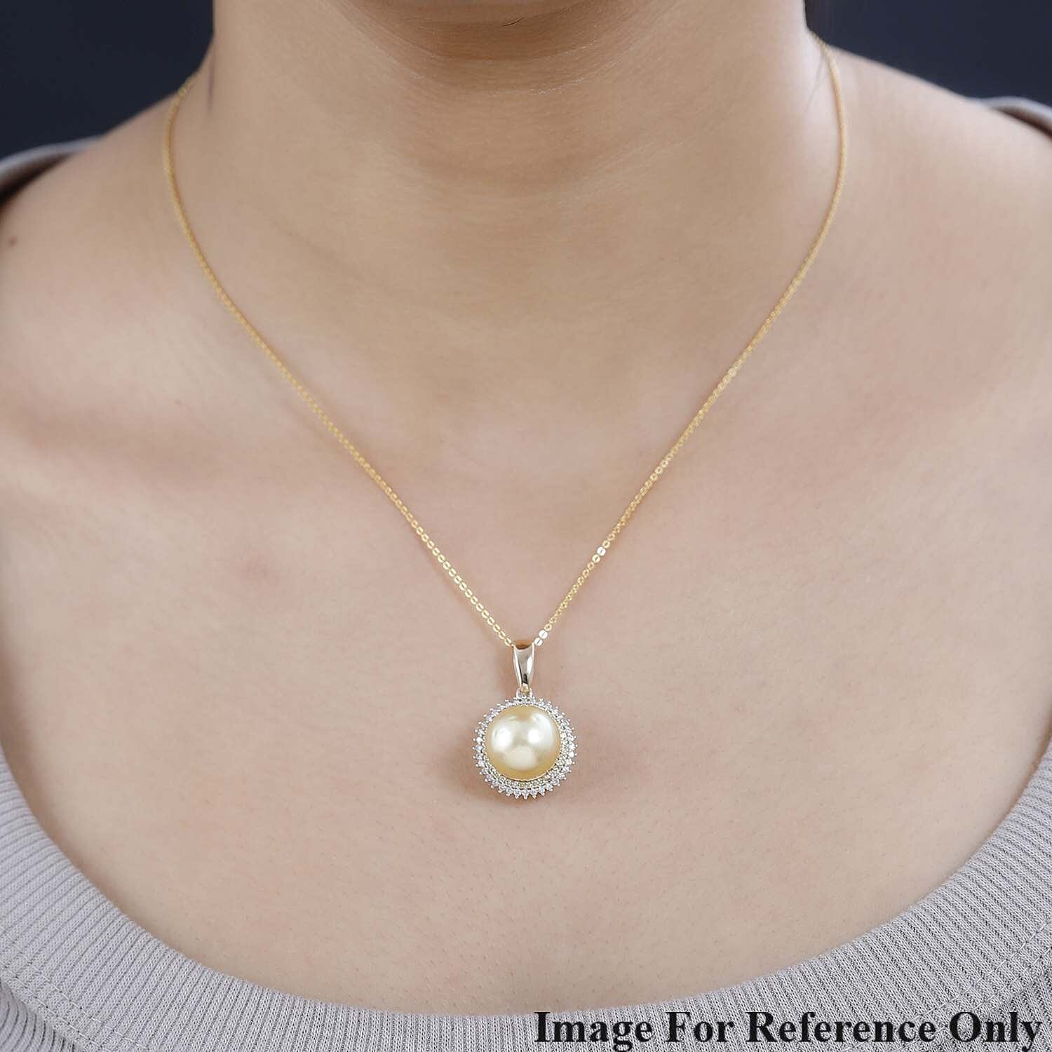 Luxoro 14K Yellow Gold South Sea Golden Pearl, I2 Natural Yellow and White Diamond Sunburst Pendant without Chain 0.25 ctw